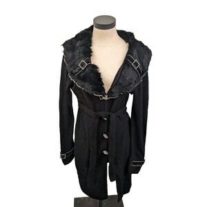 Felicity Women's Sweater Black Size M Faux Fur Trim Rhinestones Belted